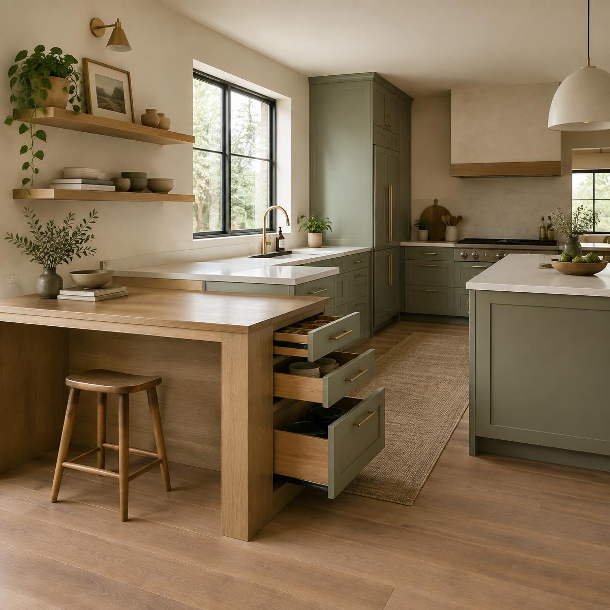 Warm sage kitchen with multi-height counters and pull-out drawers